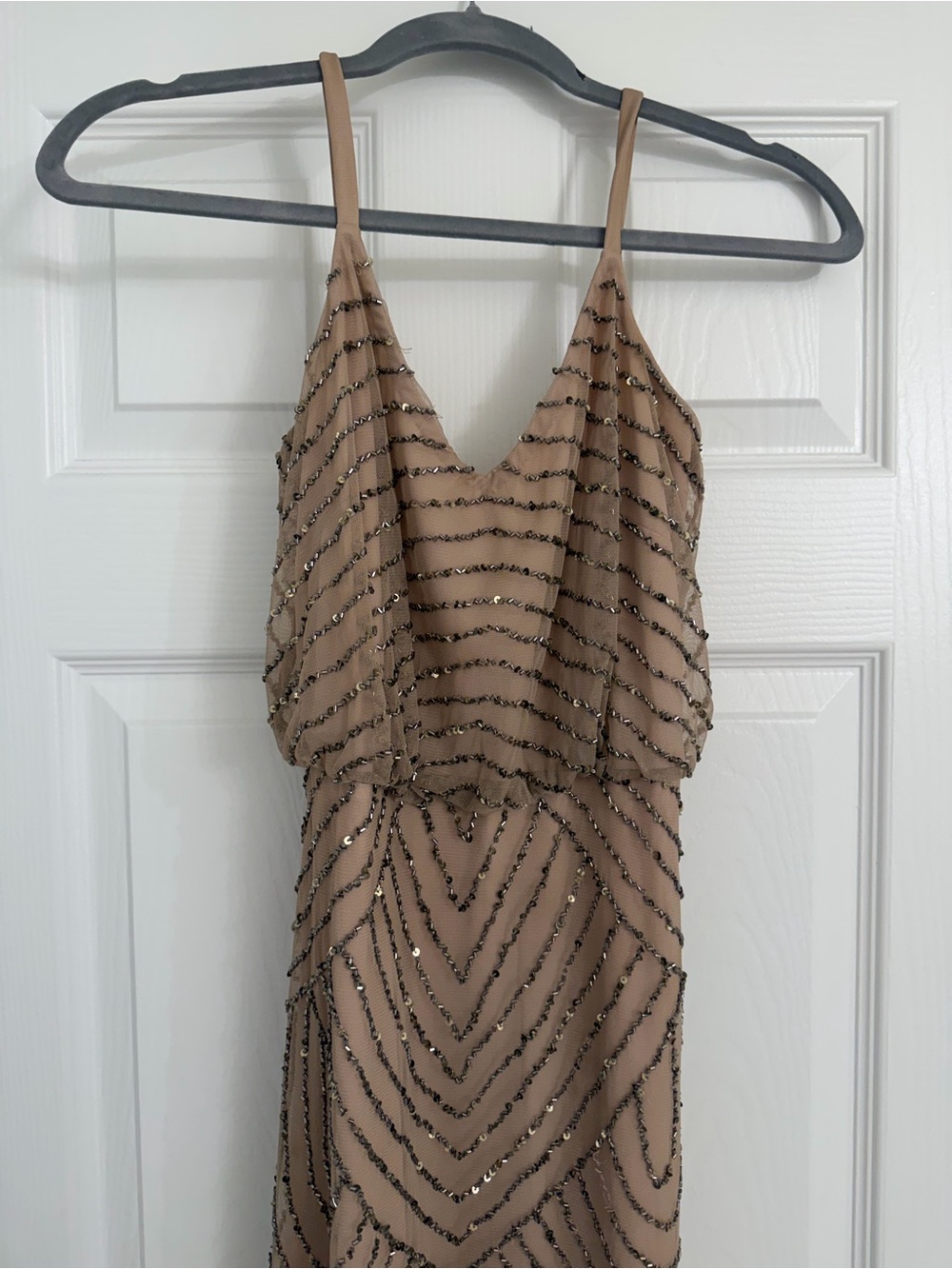 Adrianna Papell Tan Beaded V-Neck Spaghetti Strap Dress